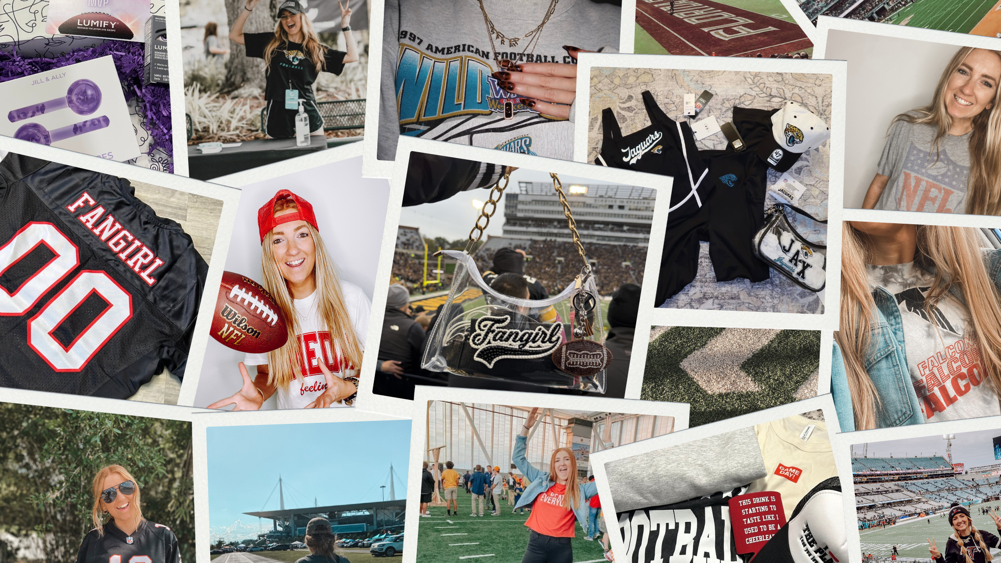A collage of multiple photos showing a woman in athletic wear, including a black Fangirl football jersey with the number 00, a white graphic T-shirt, a red cap, and various sports scenes on a field and track. Promotional text overlays read 'Fangirl' and 'Football Season'.